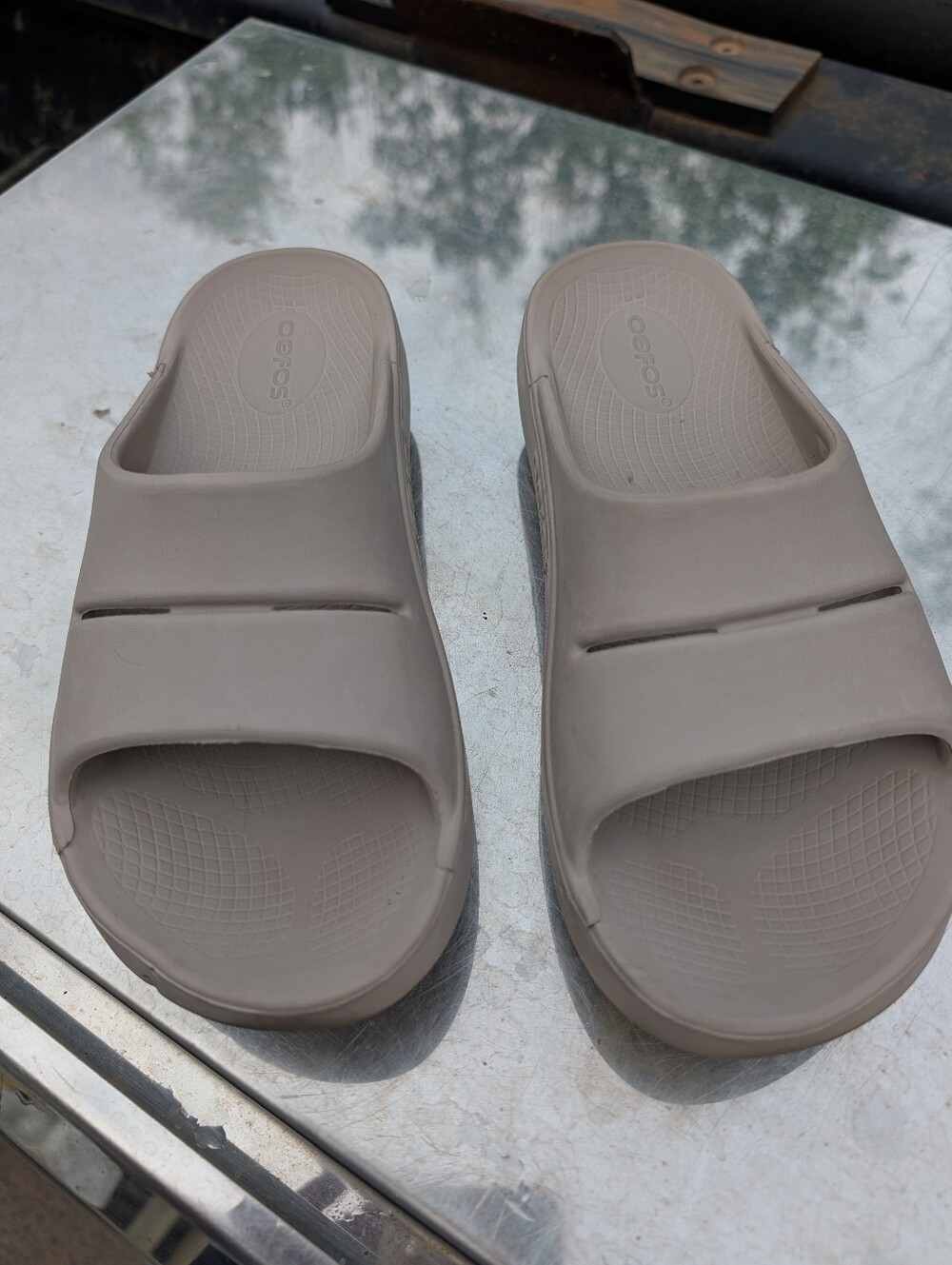 OOFOS Women's Slide Sandals in Taupe Beige